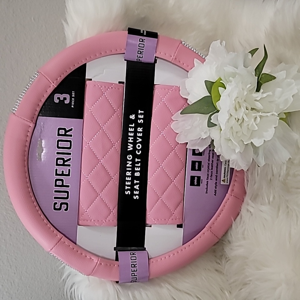 💕Superior 3pc Set Pink Steering Wheel and Seat Belt Cover Set💕